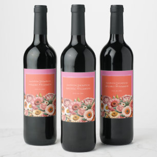 Etiqueta Para Botella De Vino Jardín Sunrise Naranja Rosa Boda floral moderna