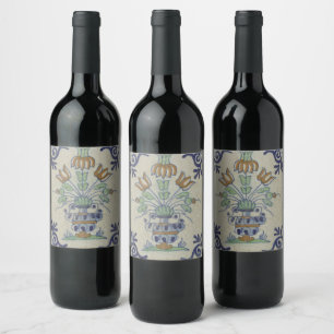 Etiqueta Para Botella De Vino Jarrón holandés de tulipanes de azulejo Delft anti