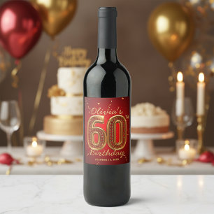 Etiqueta Para Botella De Vino Joyería de Oro Rojo Elegante Cumpleaños 60