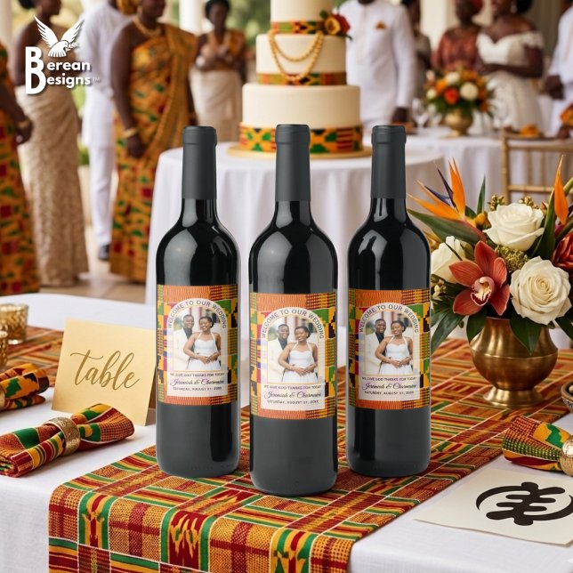 Etiqueta Para Botella De Vino Kente Foto Nombre Personalizado BODA (These elegant Kente photo wine labels will elevate your wedding table presentation! )