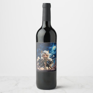 Etiqueta Para Botella De Vino Kitsune Celestial – Guardián de las Cuatro Colas.