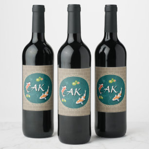 Etiqueta Para Botella De Vino Koi Fish Pond japonés verde realista