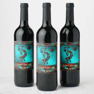 ETIQUETA PARA BOTELLA DE VINO KOKOPELLI JUGANDO EL FLUTO