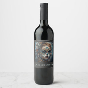 Etiqueta Para Botella De Vino La Catrina Azul Día de los Muertos Cráneo de Azúca