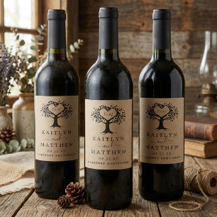 Etiqueta Para Botella De Vino La colección de Bodas de Árboles del Corazón Rústi