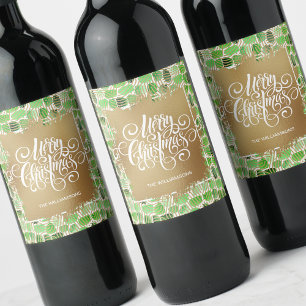 Etiqueta Para Botella De Vino La Feliz Navidad Dorada en Verde