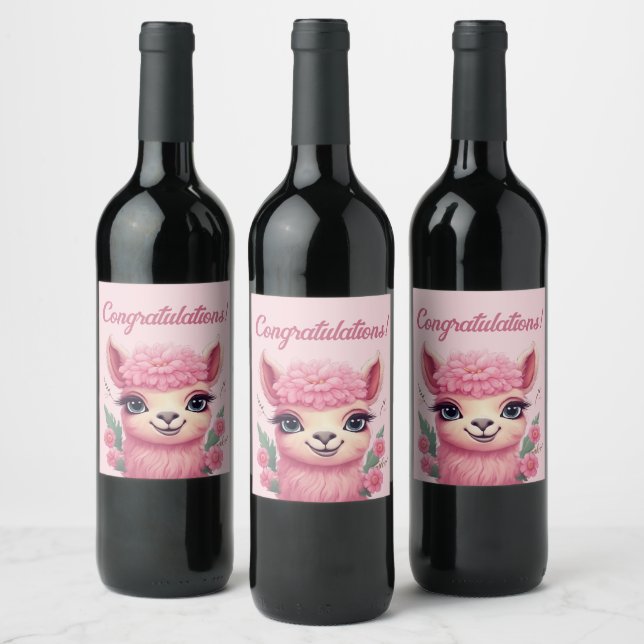 Etiqueta Para Botella De Vino Lama, bebé sonriente rosa (Botellas)
