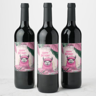 Etiqueta Para Botella De Vino Lama sonriente rosa feliz