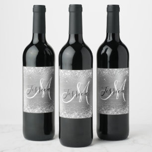 Etiqueta Para Botella De Vino Laminado Plateado Brillante Monograma Negro y Blan