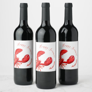 Etiqueta Para Botella De Vino Langosta roja sobre el blanco y feliz nombre del v