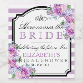 Etiqueta Para Botella De Vino Lavender Stripes Watercolor Floral Brillante