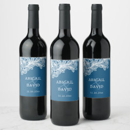 Etiqueta Para Botella De Vino Lazo blanco sobre el Boda azul
