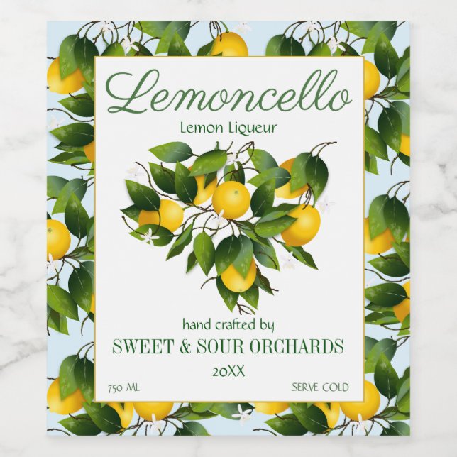 Etiqueta Para Botella De Vino Lemon Citrus Fruit Lemoncello (Etiqueta única)