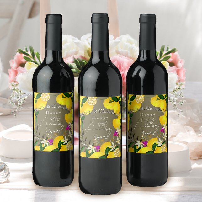 Etiqueta Para Botella De Vino Lemon Squeeze  (10th Wedding Anniversary Wine Bottle Label)