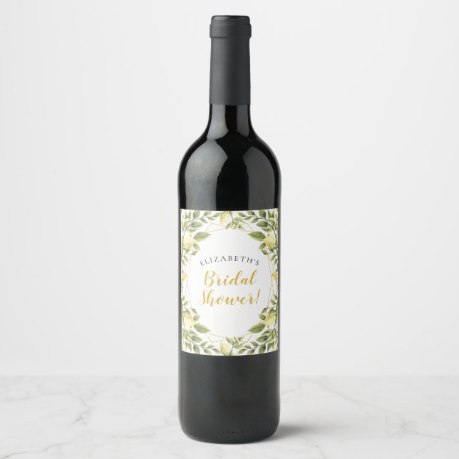 Etiqueta Para Botella De Vino Lemons Greenery Bridal Shower (Anverso)