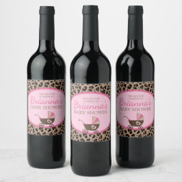 Etiqueta Para Botella De Vino Leopard y Baby Shower rosa