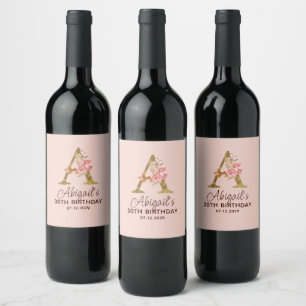 Etiqueta Para Botella De Vino Letra A Monograma Dorado Rosas Rosadas