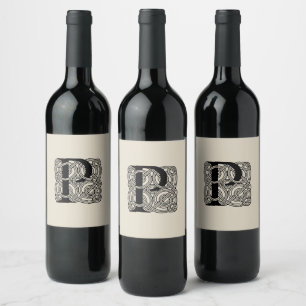 Etiqueta Para Botella De Vino Letra P Monograma Estampa de Nudo Céltico Vintage
