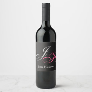 Etiqueta Para Botella De Vino Letras iniciales de monograma gris negro en escrit