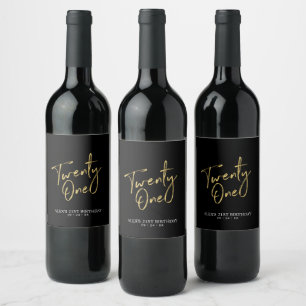 Etiqueta Para Botella De Vino Letras Negras y Doradas Fiesta de Cumpleaños 21