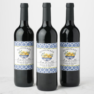 Etiqueta Para Botella De Vino Limoncelo Calligraphy Watercolor Lemon Blue Tiles