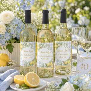 Etiqueta Para Botella De Vino Limonés gingham lazo azul jardín Gracias Cumpleaño