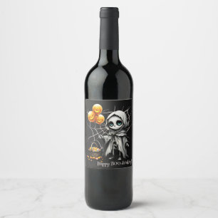 Etiqueta Para Botella De Vino Linda chica esqueleto con globos de calabaza