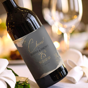 Etiqueta Para Botella De Vino Línea Dorada Floral 25 Aniversario Cheers ID1169