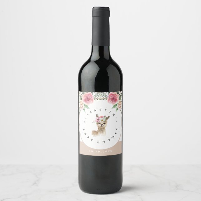 Etiqueta Para Botella De Vino Llama floral acuarela género Baby Shower neutro (Anverso)