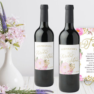 Etiqueta Para Botella De Vino Lluvia de Boda de Caligrafía Dorada con Flores Ros