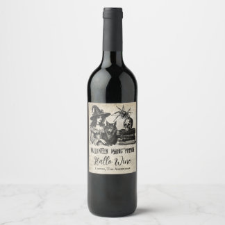 Etiqueta Para Botella De Vino Lobo gótico con cráneo de bruja de Halloween