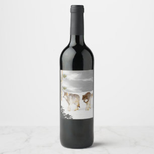 Etiqueta Para Botella De Vino Lobos en pintura de nieve - Arte de vida salvaje o