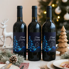 Etiqueta Para Botella De Vino Logotipo de negocio Navidad negro azul moderno árb