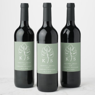 Etiqueta Para Botella De Vino Logotipo del Boda Monstera Monograma personalizado