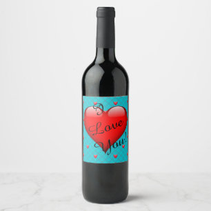 Etiqueta Para Botella De Vino Love Aqua y Red Heart Romantic