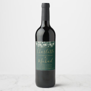 Etiqueta Para Botella De Vino Luces de Cadena Verde Dorado Firma Bodas Script