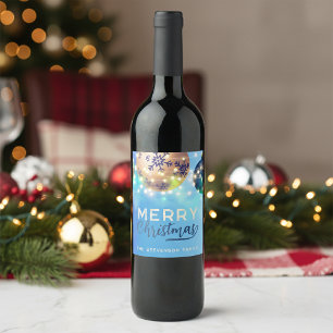 Etiqueta Para Botella De Vino Luces de Cuerda de Oro Azul Elegantes Navidad