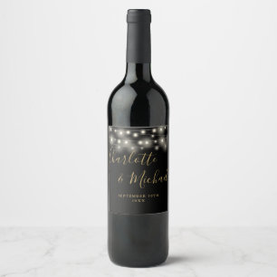 Etiqueta Para Botella De Vino Luces de Cuerda Firma Script Boda Negra Dorada