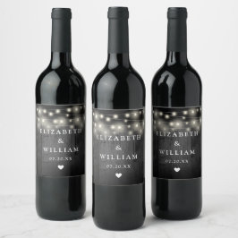 Etiqueta Para Botella De Vino Luces de Cuerda Rústicas de Madera Negra Boho Boda