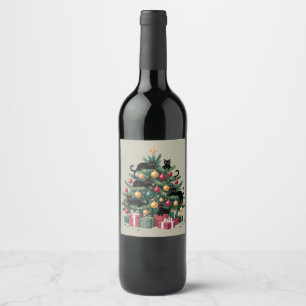 Etiqueta Para Botella De Vino Luces de Navidad para Amantes de Gatos Negros