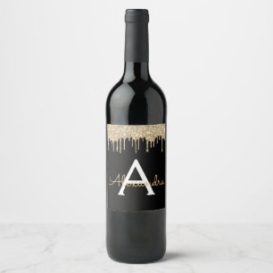 Etiqueta Para Botella De Vino Lujo Negro Dorado Glitter Glam Monograma Nombre