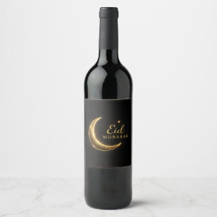 Etiqueta Para Botella De Vino Lujo Negro y Dorado Eid Mubarak – Elegante