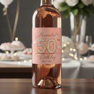 Etiqueta Para Botella De Vino Lujosa Perla Rosa Suave Cumpleaños 50