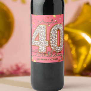 Etiqueta Para Botella De Vino Lujoso Glam Pink Gold y Perlas 40 cumpleaños