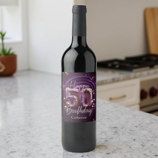 Etiqueta Para Botella De Vino Lujoso y elegante morado y oro 50 cumpleaños (Subido por el creador)
