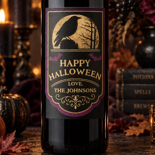 Etiqueta Para Botella De Vino Luna de Cuervo Personalizada Feliz Halloween 