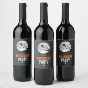 Etiqueta Para Botella De Vino Luna Llena de Halloween Negra y Naranja
