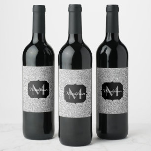 Etiqueta Para Botella De Vino Luz gris plateada brillo destellos Monograma