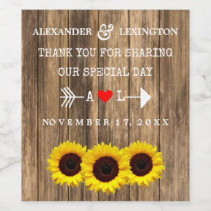 Etiqueta Para Botella De Vino Madera rústica de campo con Boda de girasoles