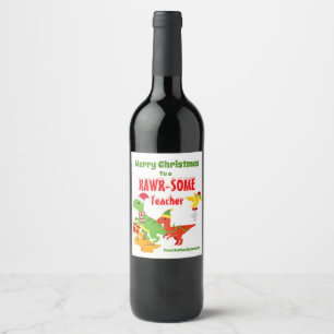 Etiqueta Para Botella De Vino Maestra Navidad Agradecimiento Niños Dinosaurio Bl